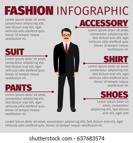 Fashion infographic with smiling man clerk. Vector illustration