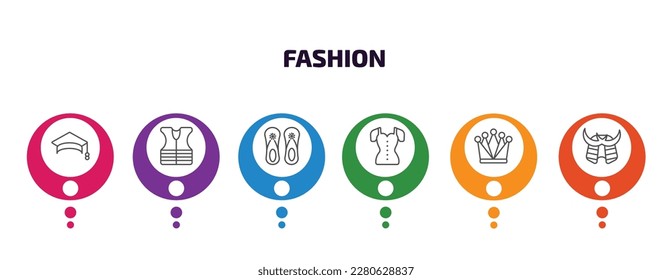 fashion infographic template with icons and 6 step or option. fashion icons such as college graduation cap, safety shirt, pair sandals, blouse with buttons, royal, samurai helmet vector. can be used