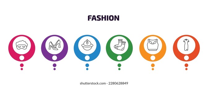 plantilla de infografía de moda con iconos y 6 paso o opción. íconos de moda como máscara para dormir, zapatos de tacón altos, sombrero para bomberos, calcetines calientes, ropa deportiva, vectores de cheongsam. puede utilizarse para banner,