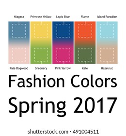 Fashion infographic with trendy colors of the 2017 Spring. Niagara, Primrose Yellow, Lapis Blue,Flame,Island Paradise,Pale Dogwood,Greenery,Pink Yarrow,Kale,Hazelnut. Gradient mesh infographic