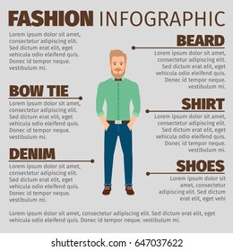 Fashion infographic with young hipster in casual clothes. Vector illustration