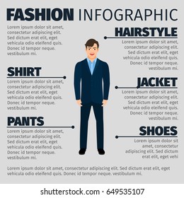 Fashion infographic with young smiling middle manager. Vector illustration