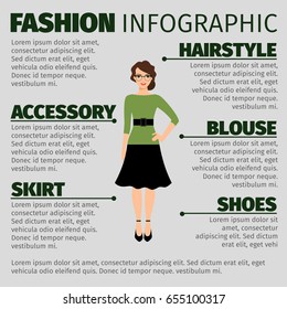 Fashion infographic with young teacher in green dress. Vector illustration