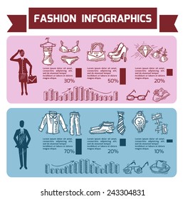 Fashion infographics set with male and female clothes underwear and accessories vector illustration