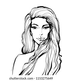 Fashion ink style sketch portrait of beautiful girl with long hair