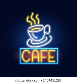Fashion inscription Cafe and Cup of Coffee neon sign. Night bright signboard, Glowing light. Summer logo, emblem for Club or bar concept