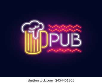 Fashion inscription pub and glass of beer neon sign. Night bright signboard, Glowing light. Summer logo, emblem for Club or bar concept