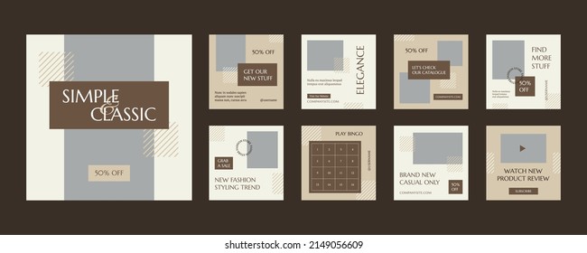 Fashion Instagram Social Media Post Feed Template With Minimalist Elegance Simple Design For Shirt, Beauty, Cosmetics Business. Brown Color, Discount, Sale, Game Content.