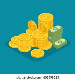 Fashion Isometric Objects. A big pile of cash. Hundreds of dollars. Gold, money, bills. Dollars, precious manet, winning isolated on bright blue background.