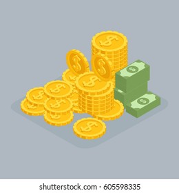Fashion Isometric Objects. A big pile of cash. Hundreds of dollars. Gold, money, bills. Dollars, precious manet, winning isolated on a gray background.