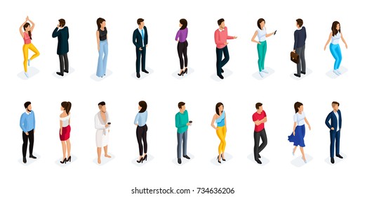 Fashion isometric people, men and women 3D, front view back view. People in fashionable clothes, in different poses. Vector illustration.