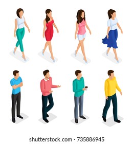 Fashion isometric people, men and women 3D, front view back view. People in fashionable clothes, in different poses. Vector illustration.