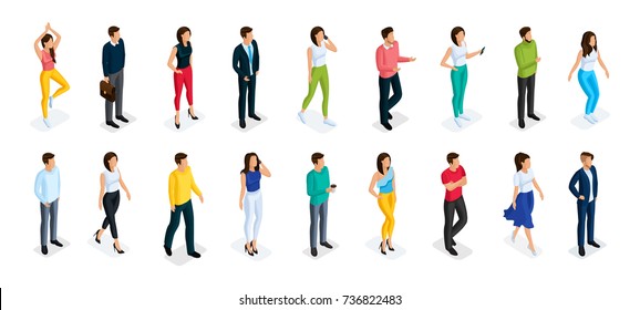 Fashion isometric people, men and women 3D, front view back view. People in fashionable clothes, in different poses. Vector illustration.