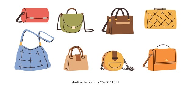 Fashion items from boutiques, isolated stylish women purses and bags with handles. Vector shops and stores assortment of products and accessories for ladies, leather and textile material