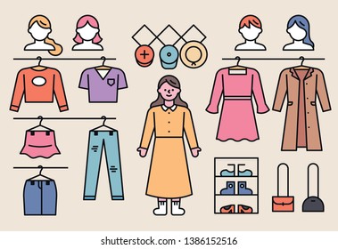 Fashion items on display in the closet. flat design style minimal vector illustration