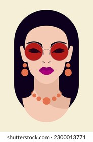 Fashion Japan woman bust portrait in summer sunglasses print for t shirt poster card vector flat illustration. Vogue young female face in necklace earrings contemporary minimalist beauty brunette head