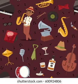 Fashion jazz band music party symbols art performance and musical instrument man character sound concert acoustic blues bass design vector seamless pattern.
