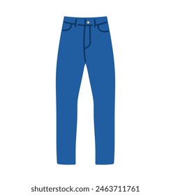 Fashion jeans trousers, modern jeans pants, denim fabric trousers, cotton clothes, casual women apparel with button and pockets, trendy slim leg wearing on white background flat vector illustration.