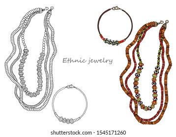 Fashion. Jewelry in ethnic style: necklace and bracelet. Vector