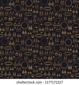 Fashion jewelry vector seamless pattern. Golden women's accessories luxury background. Beautiful texture with earrings, bracelets, necklaces, pendants, rings with beads and diamonds