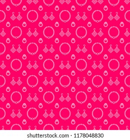 Fashion jewelry vector seamless pattern. Women's accessories pink monochrome background. Beautiful texture with white flat earrings, bracelets, necklaces, pendants, rings with beads and diamonds