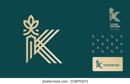 Fashion Jewlery boutique makeup logo using letter K and I with a flower and pattern and logo option in gold and green color theme using well measured line guidelines