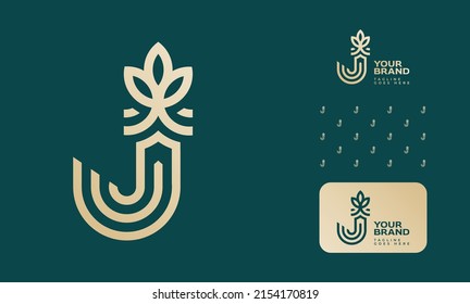 Fashion Jewlery boutique makeup logo using letter J and I with a flower and pattern and logo option in gold and green color theme using well measured line guidelines