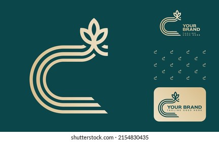 Fashion Jewlery boutique makeup logo using letter C with a flower and pattern and logo option in gold and green color theme using well measured line guidelines