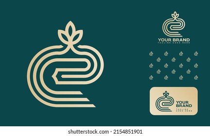 Fashion Jewlery boutique makeup logo using letter E with a flower and pattern and logo option in gold and green color theme using well measured line guidelines