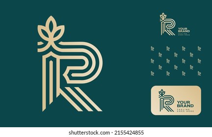 Fashion Jewlery boutique makeup logo using letter R and I with a flower and pattern and logo option in gold and green color theme using well measured line guidelines