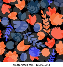 Fashion Jungle Pattern. Colorful Tropical Seamless Pattern. Cut Out Abstract Pattern with Flower and Leaf. Modern Exotic Hawaiian pattern on Black Background. 