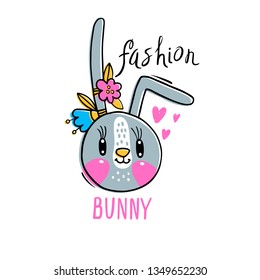 Fashion kawaii bunny. Vector illustration of a rabbit face with a barrettes flowers. Can be used for t-shirt print, kids wear design, baby shower card.