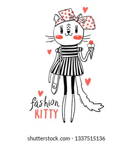 Fashion kawaii kitty. Vector illustration of a cat in fashionable clothes. Can be used for t-shirt print, kids wear design, baby shower card.
