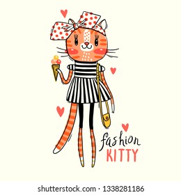 Fashion kawaii kitty. Vector illustration of a cat in fashionable clothes. Can be used for t-shirt print, kids wear design, baby shower card.