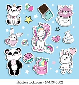 Fashion kawaii style patch badges with unicorn, panda, cat and rabbit on a blue background