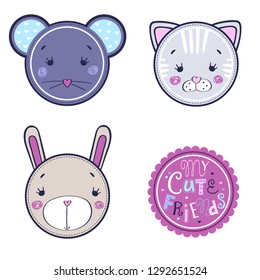 fashion kids patch badges with cute cat, bunny and mouse vector