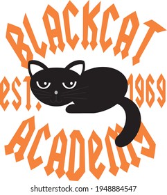 Fashion kids print with , black cat  and slogan. Vector hand draw illustration.