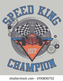 Fashion kids print with 
car , race and slogan. Vector hand draw illustration
