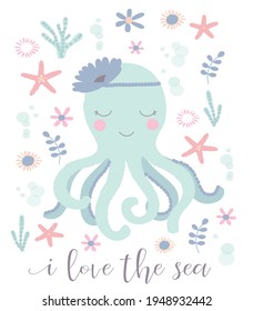 Fashion kids print with cute animal , under the sea and slogan. Vector hand draw illustration