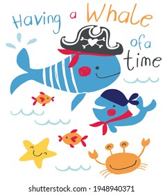 Fashion kids print with cute animal , pirate, ocean , captain and slogan. Vector hand draw illustration