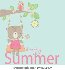 Fashion kids print with cute bear and slogan. Vector hand draw illustration