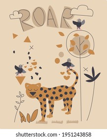 Fashion kids print with 
cute tiger and slogan. Vector hand draw illustration