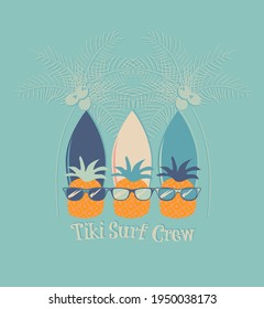 Fashion kids print with island, surf and slogan. Vector hand draw illustration