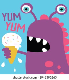 Fashion kids print with monster and slogan. Vector hand drawn illustration.