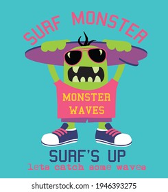 Fashion kids print with monster and slogan. Vector hand drawn illustration.