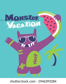 Fashion kids print with monster and slogan. Vector hand drawn illustration.