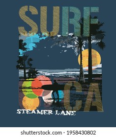 Fashion kids print with surf. Surf CA text slogan.  Vector hand draw illustration