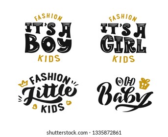 Fashion kids set hand-drawn template vector. Logo for shop, store, market with children dress. Lettering and calligraphy for poster, background, postcard, banner, window. 