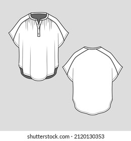 fashion Kimono oversized top Henley neck button panel shoulder cut  Sew new style  t shirt top blouse cad mock up Flat Sketch technical drawing template design vector