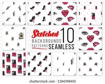 Fashion kit of 10 seamless patterns. Hand drawn sketch elements, digital fashion illustration. Set of backgrounds for fashion magazine, blog, ads or promo banner.
